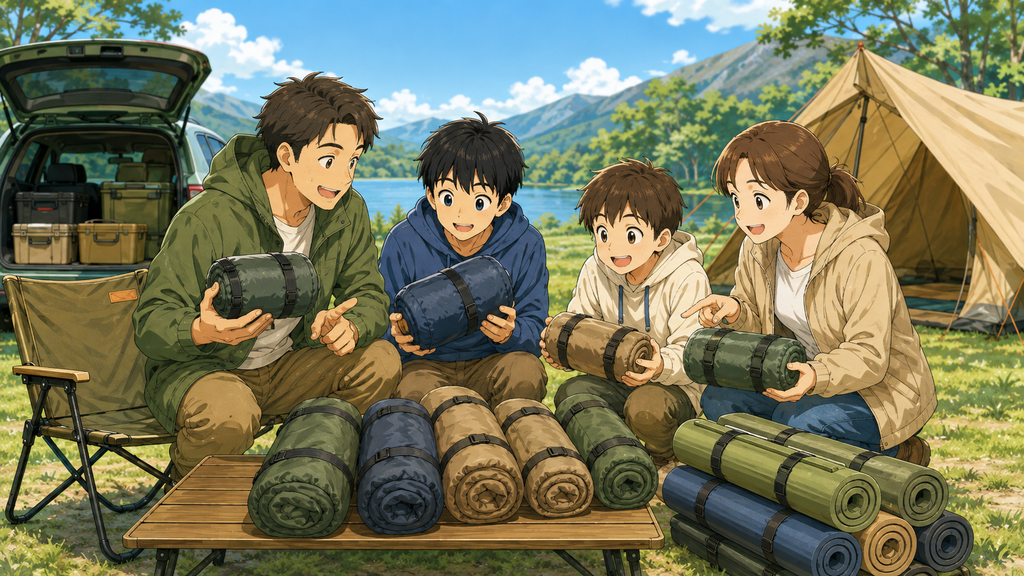 家族4人分の寝袋とキャンプマットの収納サイズを確認している家族