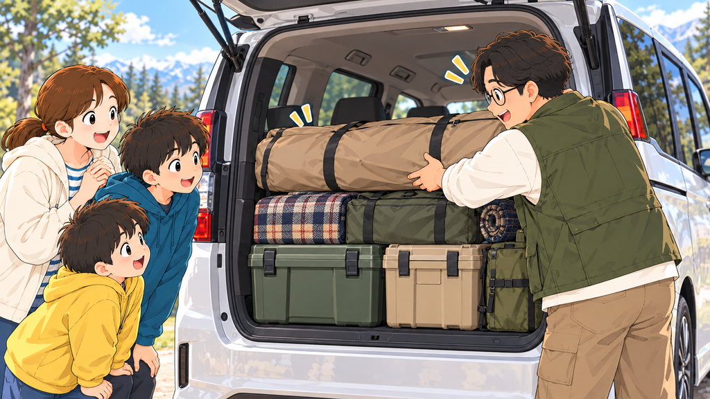 90系ノアの荷室奥でエルフィールドを一番上に横向きで載せる様子