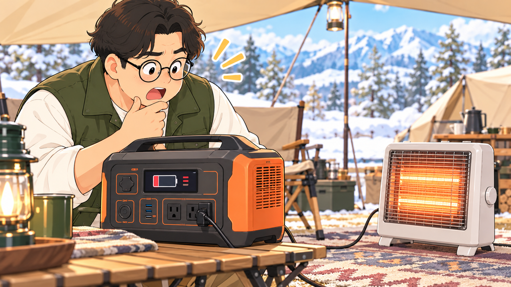 電気ストーブは高出力でも長時間使えないことを確認するキャンパー