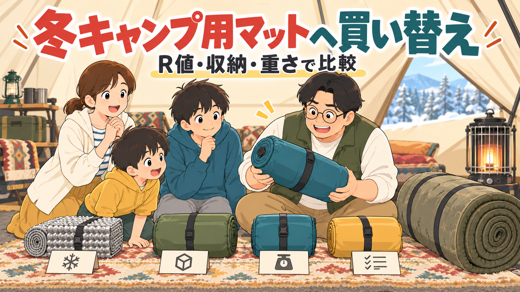 冬キャンプ用マットを家族4人分比較する父親
